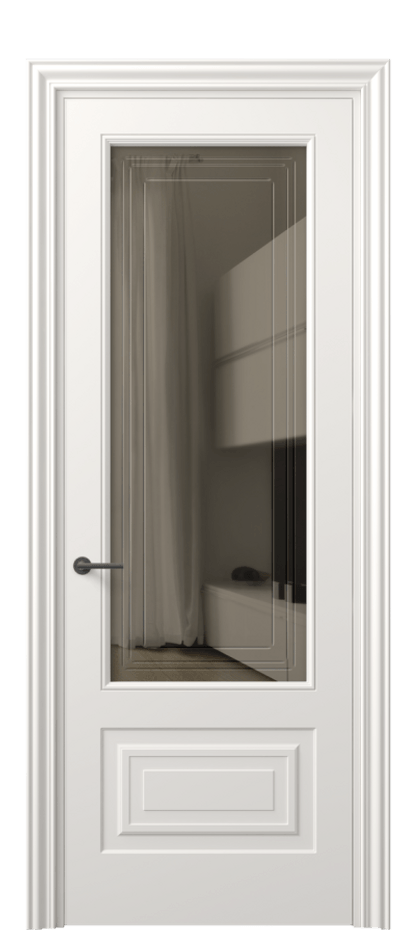 Межкомнатная дверь Маскот 8442 Матовый пудровый белый Прозрачное бронзовое стекло с гравировкой "Грани", триплекс Цена 66824 ₽ | Volhovec