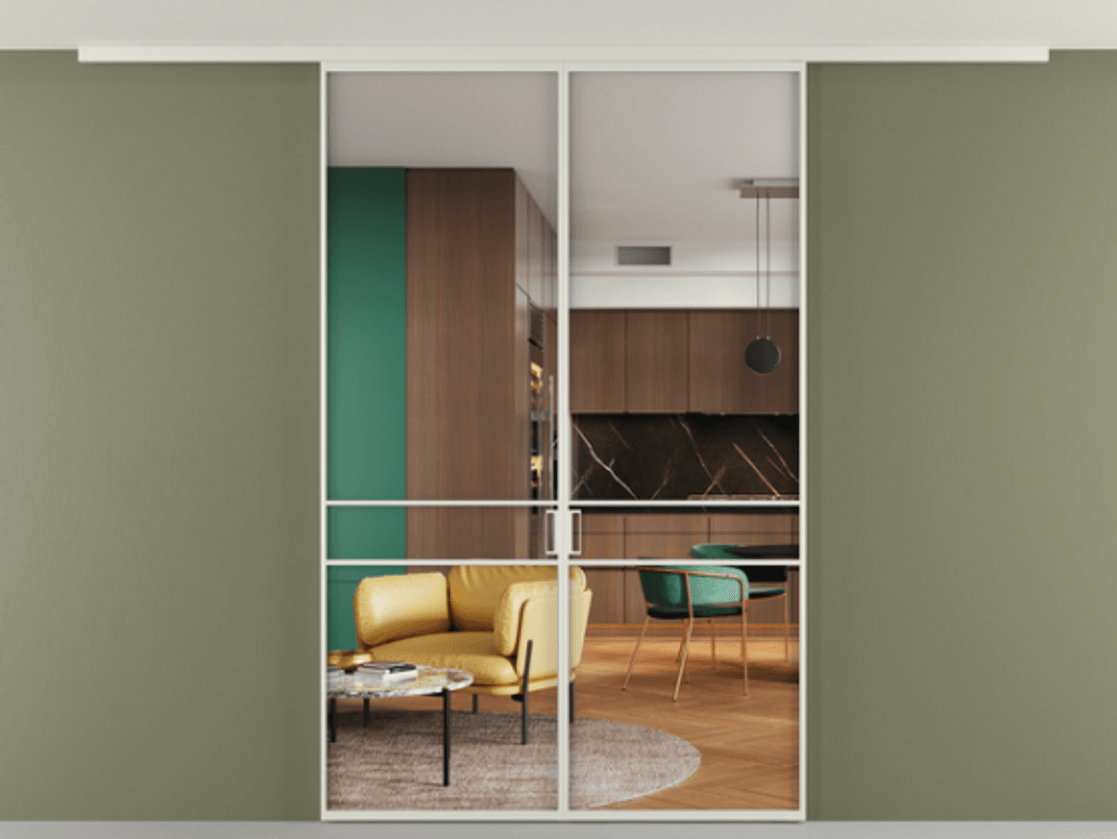 Перегородка Formato вдоль стены на потолок 2 створки АЛПР 040.02 Алюминий Белый Прозрачное стекло "Crystal Vision", калёное Цена 234900 ₽ | Volhovec