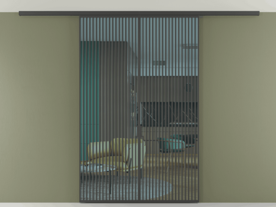 Перегородка Формато вдоль стены на потолок 2 створки АЛПР 040.06 Графитовый Прозрачное голубое стекло, триплекс Цена 411840 ₽ | Volhovec