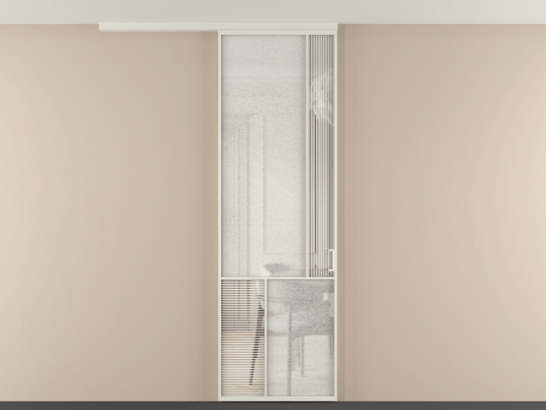 Перегородка Mosaic вдоль стены на потолок 1 створка АЛПР 041.21 Алюминий Белый Рифлёное стекло "Дюна", триплекс, 6 мм + Фактурное стекло "Лёд", триплекс. Скрытый короб БЕЛ Цена 137560 ₽ . Фабрика дверей Волховец 8 (800) 551 43 19 Перегородка Mosaic вдоль стены на потолок 1 створка АЛПР 041.21 Алюминий Белый Рифлёное стекло "Дюна", триплекс, 6 мм + Фактурное стекло "Лёд", триплекс Цена 137560 ₽ | Volhovec