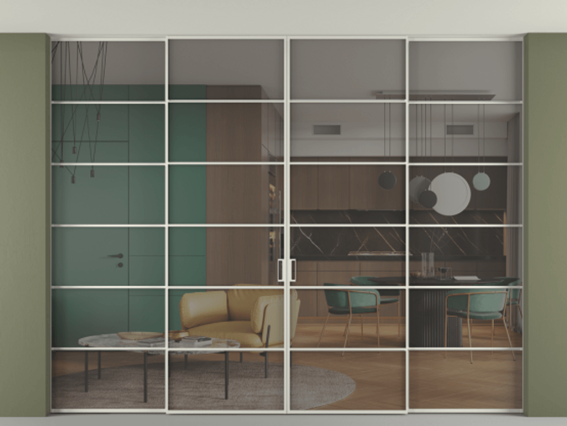 Перегородка Formato внутри проёма скрытое крепление в потолок 4 створки АЛПР 040.04 Алюминий Белый Прозрачное серое стекло, триплекс. Скрытый короб БЕЛ Цена 470428 ₽ 1. Полотно 4 шт. (800/2100 мм)
2. Комплект установки раздвижной системы
3. Базовый комплект фурнитуры
4.Ручка RONDO. Фабрика дверей Волховец 8 (800) 551 43 19 Перегородка Formato внутри проёма скрытое крепление в потолок 4 створки АЛПР 040.04 Алюминий Белый Прозрачное серое стекло, триплекс Цена 470428 ₽ | Volhovec