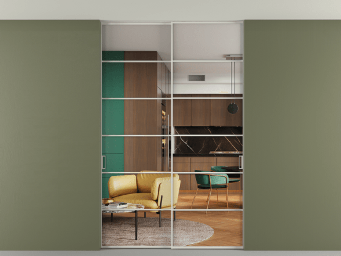 Перегородка Formato внутри проёма скрытое крепление в потолок 2 створки АЛПР 040.04 Алюминий Белый Прозрачное стекло "Crystal Vision", калёное Цена 313880 ₽ | Volhovec