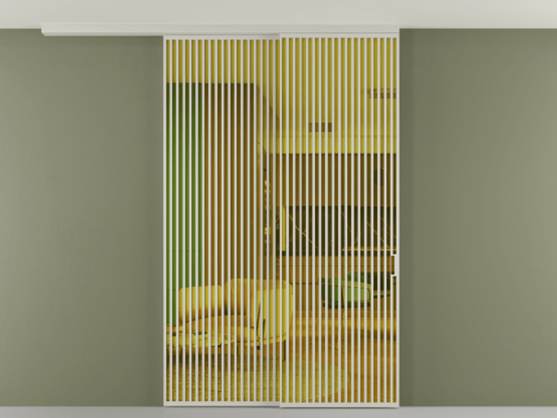 Перегородка Formato вдоль стены на потолок 2 створки с синхронным механизмом АЛПР 040.06 Алюминий тёплый серый Прозрачное жёлтое стекло, триплекс Цена 450456 ₽ | Volhovec