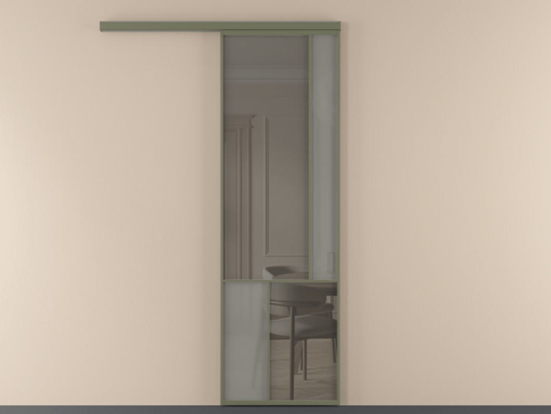 Перегородка Mosaic вдоль стены 1 створка АЛПР 041.21 Алюминий оливковый тёмный Сатинированное серое стекло, триплекс, 6 мм + Прозрачное серое стекло, триплекс Цена 137030 ₽ | Volhovec