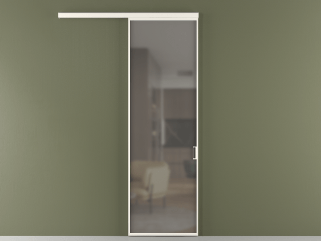 Межкомнатная дверь New Перегородка Formato вдоль стены одностворчатая АЛПР 040.01 Алюминий пудровый белый Сатинированное серое стекло, триплекс Цена 62500  | Volhovec