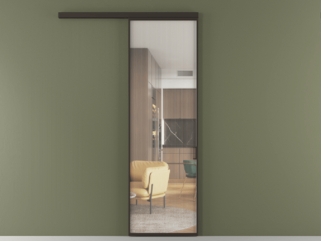 Перегородка Formato вдоль стены одностворчатая АЛПР 040.01 Алюминий антрацит Рифлёное стекло "Moru", триплекс, 8 мм Цена 117000 ₽  | Volhovec