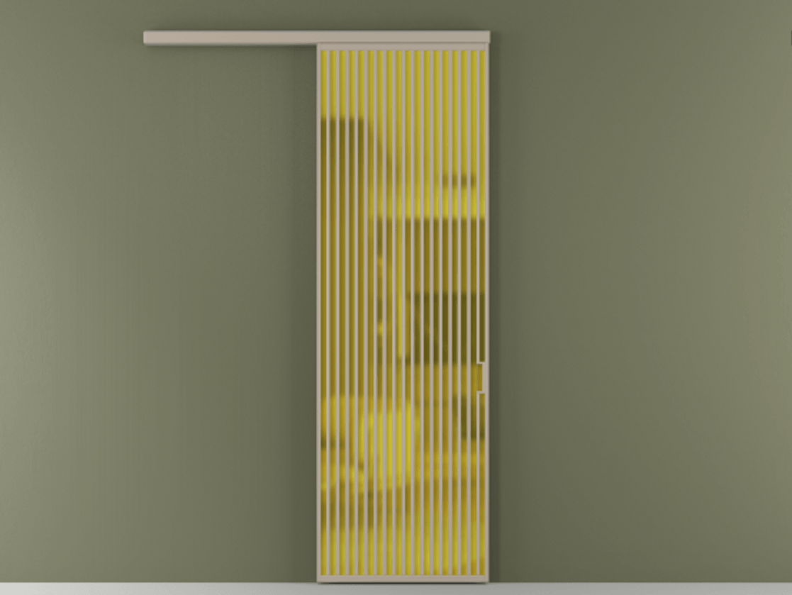 Перегородка Formato вдоль стены 1 створка АЛПР 040.06 Алюминий бисквитный Сатинированное жёлтое стекло, триплекс Цена 184480 ₽  | Volhovec