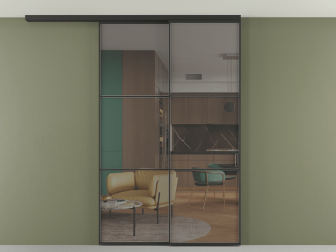 Перегородка Formato вдоль стены на потолок телескопик синхро 2 АЛПР 040.03 Алюминий Черный Прозрачное серое стекло, триплекс, 6 мм Цена 279180 ₽ | Volhovec