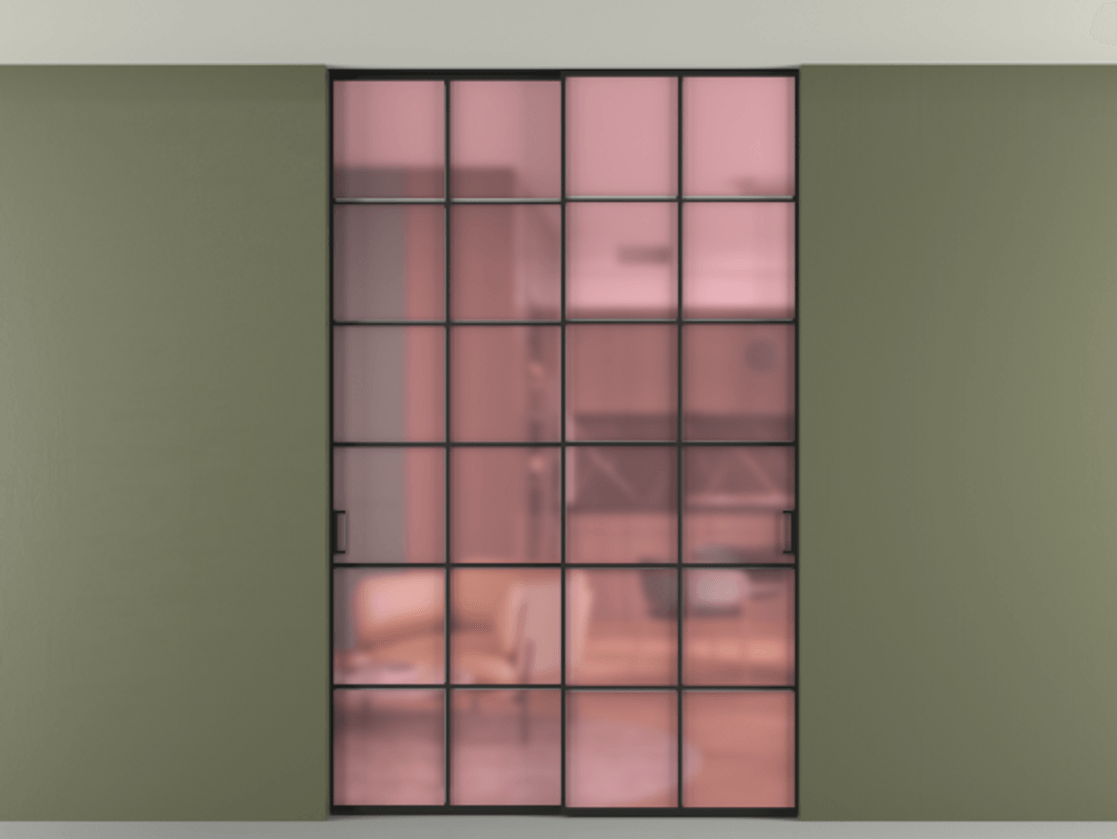 Перегородка Formato внутри проёма скрытое крепление в потолок 2 створки АЛПР 040.05 Алюминий Черный Сатинированное розовое стекло, триплекс Цена 263164 ₽ | Volhovec