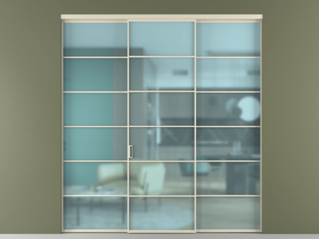 Перегородка Формато внутри проёма 3 створки АЛПР 040.04 Алюминий бежево-серый Сатинированное голубое стекло, триплекс Цена 267260 ₽ | Volhovec