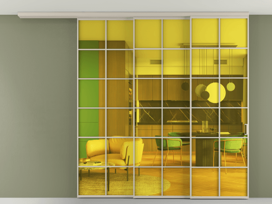 Алюминевая перегородка АЛПР 040.05_АСБЖ_ПРОЗ ЖЕЛ_new. Цвет Алюминий светло-бежевый. Материал Алюминий в эмали. Коллекция Перегородка Formato вдоль стены на потолок 3 створки с синхронным механизмом. Картинка.