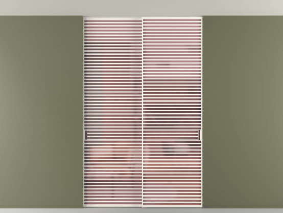 Алюминевая перегородка vn2_07 Алюминий пудровый белый Сатинированное розовое стекло, триплекс, 6мм. Цвет Алюминий пудровый белый. Материал Алюминий в эмали. Коллекция Перегородка Formato внутри проёма скрытое крепление в потолок 2 створки. Картинка.