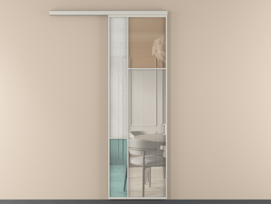 Алюминевая перегородка vd1_5 Алюминий тёплый серый Четыре стекла. Цвет Алюминий тёплый серый. Материал Алюминий в эмали. Коллекция Перегородка Mosaic вдоль стены 1 створка. Картинка.