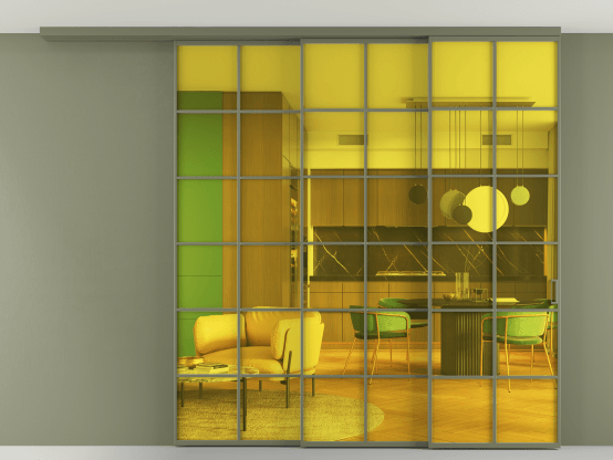 Алюминевая перегородка АЛПР 040.05_АОТ_ПРОЗ ЖЕЛ_new. Цвет Алюминий оливковый тёмный. Материал Алюминий в эмали. Коллекция Перегородка Formato вдоль стены на потолок 3 створки с синхронным механизмом. Картинка.