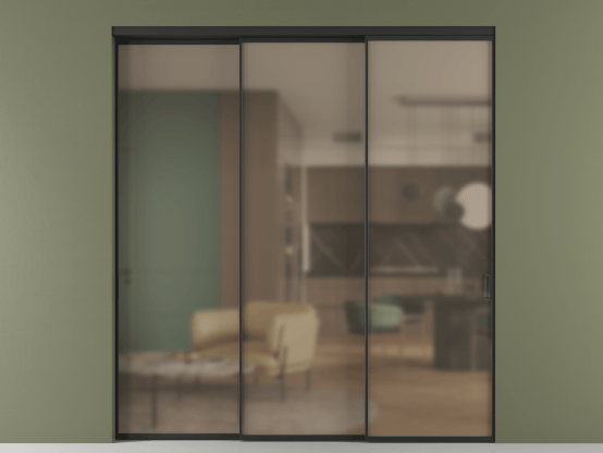 Алюминевая перегородка vn3_01 Бронза сатин триплекс ЧЕР. Цвет Алюминий Черный. Материал Алюминий. Коллекция Перегородка Формато внутри проёма 3 створки с синхронным механизмом. Картинка.
