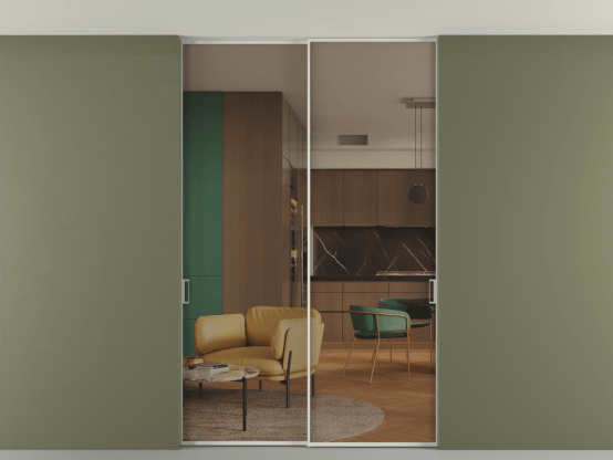 Алюминевая перегородка p2_01 Бронза триплекс БЕЛ. Цвет Алюминий Белый. Материал Алюминий. Коллекция Перегородка Formato внутри проёма скрытое крепление в потолок 2 створки. Картинка.