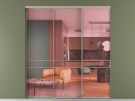 Алюминевая перегородка АЛПР 040.02_АБСК_ПРОЗ РОЗ_new. Цвет Алюминий бисквитный. Материал Алюминий в эмали. Коллекция Перегородка Формато внутри проёма 3 створки с синхронным механизмом. Картинка.