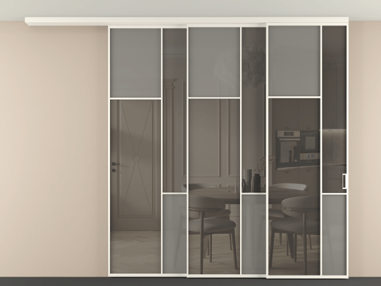 Алюминевая перегородка vdt3_7 Алюминий пудровый белый Серый сатин матовое + Серый прозрачное. Цвет Алюминий пудровый белый. Материал Алюминий в эмали. Коллекция Перегородка Mosaic вдоль стены на потолок 3 створки с синхронным механизмом. Картинка.