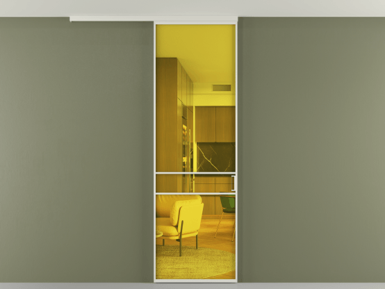 Алюминевая перегородка АЛПР 040.02_БЕЛ_ПРОЗ ЖЕЛ_new. Цвет Алюминий Белый. Материал Алюминий. Коллекция Перегородка Formato вдоль стены на потолок 1 створка. Картинка.