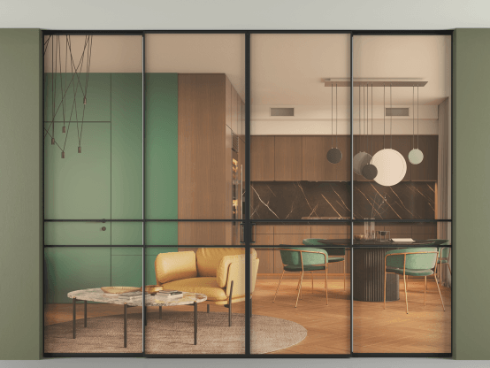 Алюминевая перегородка АЛПР 040.02_ЧРН_ПРОЗ ОРАНЖ_new. Цвет Алюминий Черный. Материал Алюминий. Коллекция Перегородка Formato внутри проёма скрытое крепление в потолок 4 створки. Картинка.