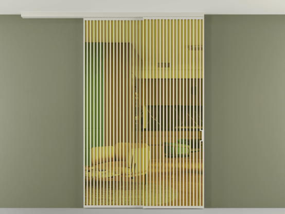 Алюминевая перегородка pv2_2_06_ Алюминий тёплый серый Прозрачное жёлтое стекло, триплекс, 6мм. Цвет Алюминий тёплый серый. Материал Алюминий в эмали. Коллекция Перегородка Formato вдоль стены на потолок 2 створки с синхронным механизмом. Картинка.