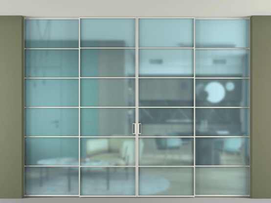 Алюминевая перегородка АЛПР 040.04_БЕЛ_САТ ГОЛ_new. Цвет Алюминий Белый. Материал Алюминий. Коллекция Перегородка Formato внутри проёма скрытое крепление в потолок 4 створки. Картинка.