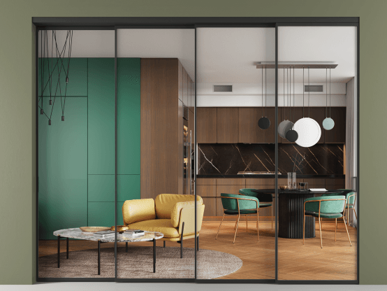 Алюминевая перегородка vn4_01 Crystalvision ЧЕР. Цвет Алюминий Черный. Материал Алюминий. Коллекция Перегородка Formato внутри проёма 4 створки с синхронным механизмом. Картинка.