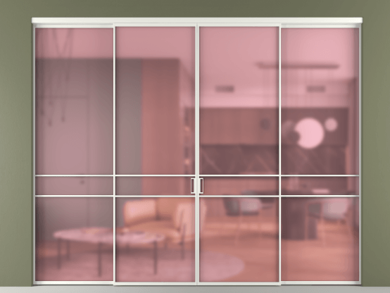 Алюминевая перегородка vn2+2_02_ Алюминий светло-серый Сатинированное розовое стекло, триплекс, 6мм. Цвет Алюминий светло-серый. Материал Алюминий в эмали. Коллекция Перегородка Formato внутри проёма 4 створки. Картинка.