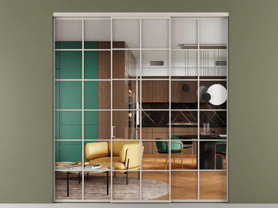 Алюминевая перегородка АЛПР 040.05_АСБЖ_Crystalvision_new. Цвет Алюминий светло-бежевый. Материал Алюминий в эмали. Коллекция Перегородка Formato внутри проёма 3 створки. Картинка.