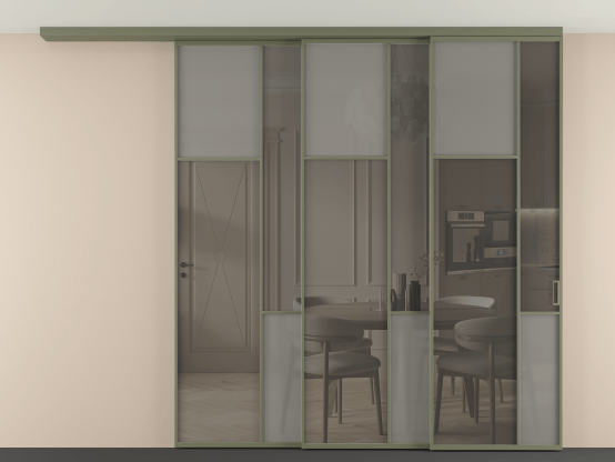 Алюминевая перегородка vdt3_7_АОТ_Серый сатин триплекс+Серый триплекс_new. Цвет Алюминий оливковый тёмный. Материал Алюминий в эмали. Коллекция Перегородка Mosaic вдоль стены на потолок 3 створки с синхронным механизмом. Картинка.