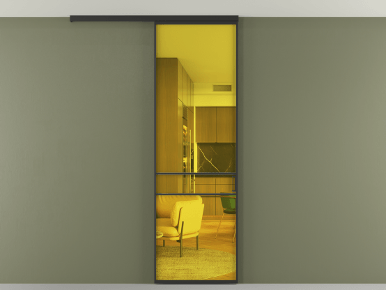 Алюминевая перегородка АЛПР 040.02_ЧРН_ПРОЗ ЖЕЛ_new. Цвет Алюминий Черный. Материал Алюминий. Коллекция Перегородка Formato вдоль стены на потолок 1 створка. Картинка.