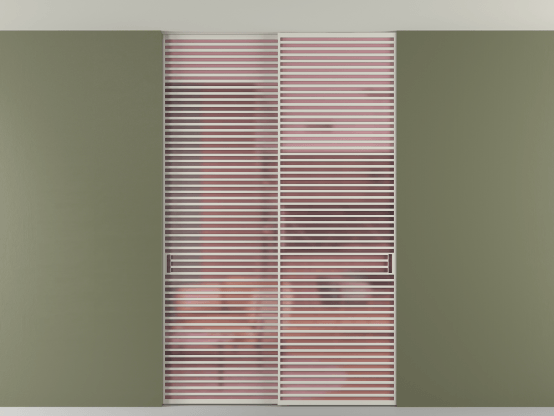 Алюминевая перегородка vn2_07 Алюминий тёплый серый Сатинированное розовое стекло, триплекс, 6мм. Цвет Алюминий тёплый серый. Материал Алюминий в эмали. Коллекция Перегородка Formato внутри проёма скрытое крепление в потолок 2 створки. Картинка.