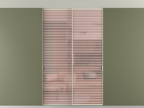 Алюминевая перегородка vn2_07 Алюминий бежево-серый Сатинированное розовое стекло, триплекс, 6мм. Цвет Алюминий бежево-серый. Материал Алюминий в эмали. Коллекция Перегородка Formato внутри проёма скрытое крепление в потолок 2 створки. Картинка.