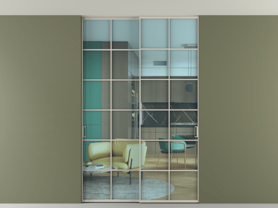 Алюминевая перегородка АЛПР 040.05_АСБЖ_ПРОЗ ГОЛ_new. Цвет Алюминий светло-бежевый. Материал Алюминий в эмали. Коллекция Перегородка Formato внутри проёма скрытое крепление в потолок 2 створки. Картинка.