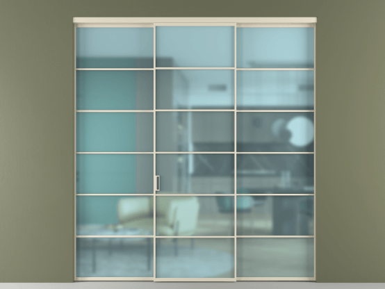 Алюминевая перегородка vn1+2_04_ Алюминий бежево-серый Сатинированное голубое стекло, триплекс, 6мм. Цвет Алюминий бежево-серый. Материал Алюминий в эмали. Коллекция Перегородка Формато внутри проёма 3 створки. Картинка.