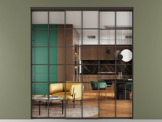 Алюминевая перегородка АЛПР 040.05_ААН_Crystalvision_new. Цвет Алюминий антрацит. Материал Алюминий в эмали. Коллекция Перегородка Formato внутри проёма 3 створки. Картинка.