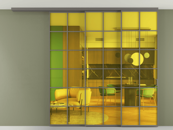 Алюминевая перегородка АЛПР 040.05_АКЛС_ПРОЗ ЖЕЛ_new. Цвет Алюминий классический серый. Материал Алюминий в эмали. Коллекция Перегородка Formato вдоль стены на потолок 3 створки с синхронным механизмом. Картинка.