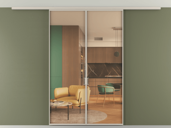 Алюминевая перегородка АЛПР 040.01_АСБЖ_ПРОЗ ОРАНЖ_new. Цвет Алюминий светло-бежевый. Материал Алюминий в эмали. Коллекция Перегородка Формато вдоль стены на потолок 2 створки. Картинка.