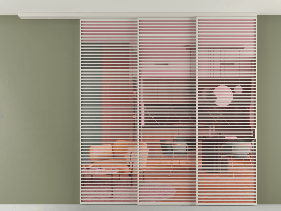 Алюминевая перегородка pv3_07_ Алюминий тёплый серый Прозрачное розовое стекло, триплекс, 6мм. Цвет Алюминий тёплый серый. Материал Алюминий в эмали. Коллекция Перегородка Formato вдоль стены на потолок 3 створки с синхронным механизмом. Картинка.