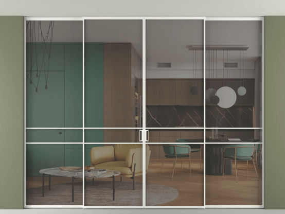 Алюминевая перегородка vn2+2_02 Алюминий светло-серый Серый прозрачное. Цвет Алюминий светло-серый. Материал Алюминий в эмали. Коллекция Перегородка Formato внутри проёма скрытое крепление в потолок 4 створки. Картинка.