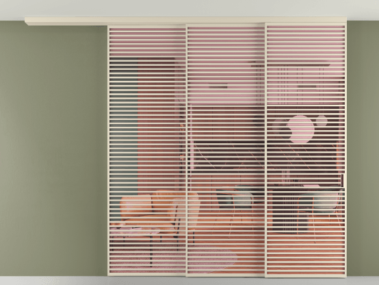 Алюминевая перегородка pv3_07_ Алюминий бежево-серый Прозрачное розовое стекло, триплекс, 6мм. Цвет Алюминий бежево-серый. Материал Алюминий в эмали. Коллекция Перегородка Formato вдоль стены на потолок 3 створки с синхронным механизмом. Картинка.